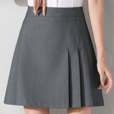 Women's high-waisted, hip-hugging, pleated suit-style mini skirt with a waist-cinching, slimming fit.